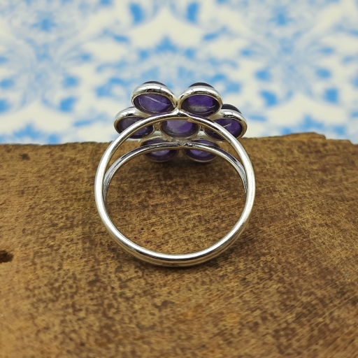 925 Sterling Silver Handmade Split Band Amethyst Flower Design Ring With Fine Bezel Work