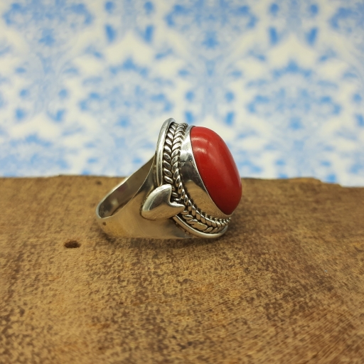 Cabochon Coral Gemstone 925 Sterling Silver Handcrafted Wide Band Ring