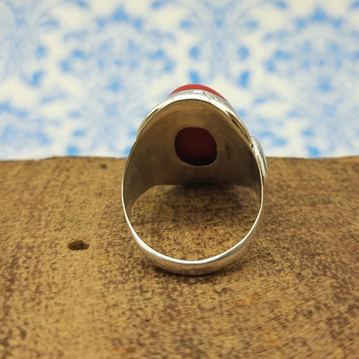 Cabochon Coral Gemstone 925 Sterling Silver Handcrafted Wide Band Ring