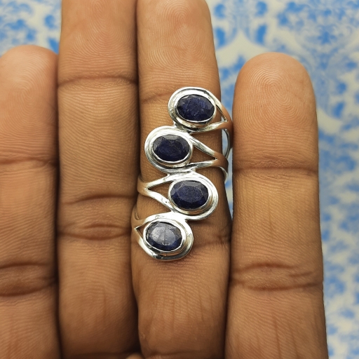 Dyed Oval Shape Sapphire Gemstone 925 Sterling Silver Long 5 Gemstone Handcrafted Ring