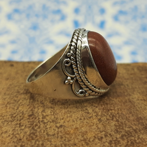 Natural Sand Stone Wide Band Handmade Ring With 925 Sterling Silver