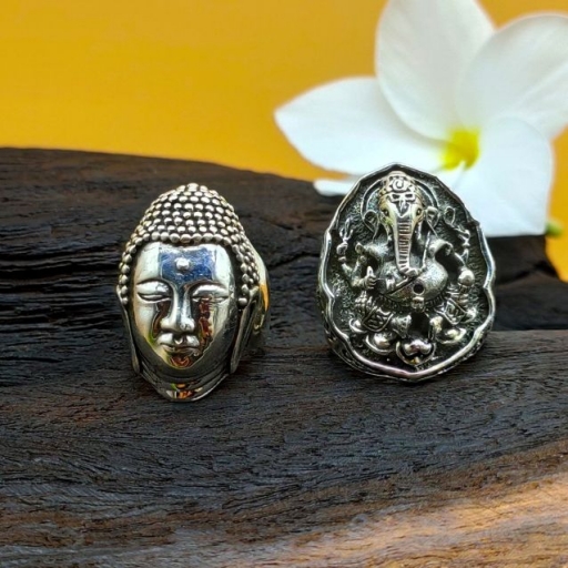 925 Sterling Vintage Oxidized Silver Bohemian Lord Ganesh Face Ring