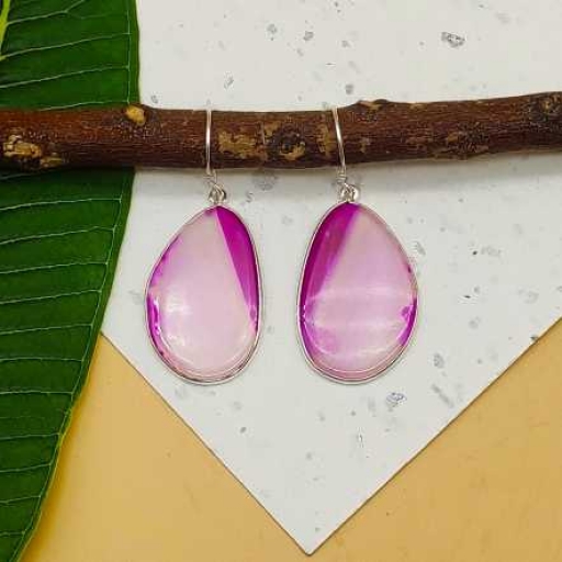 Pink Agate Slice Gemstone Handmade 925 Sterling Silver Earring