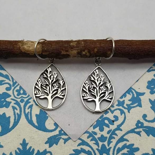 Drop Shape Tree Of Life Design Handmade 925 Sterling Silver Bohemian Earring
