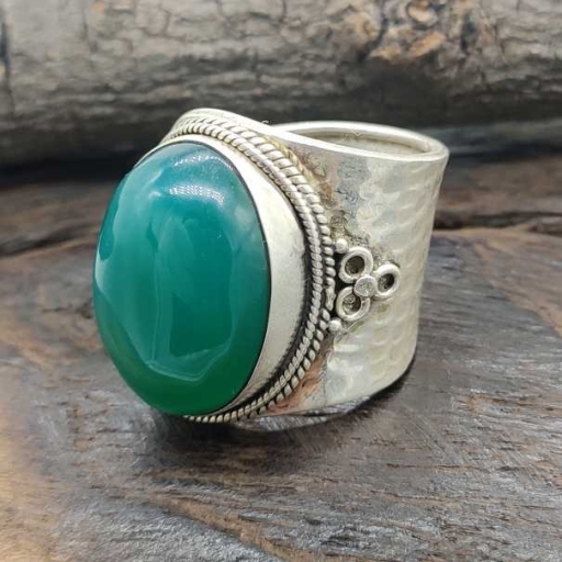 Cabochon Green Onyx Gemstone Handmade 925 Sterling Silver Adjustable Ring