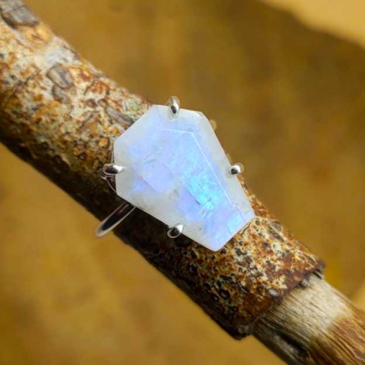 Coffin Shape Moonstone Designer 925 Sterling Silver Ring For Womens