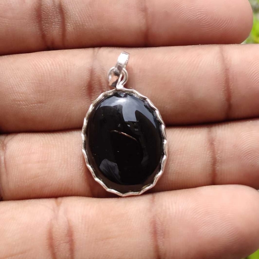 925 Sterling Silver Black Onyx Oval Shaped Natural Cabochon Charm Pendant For Girls