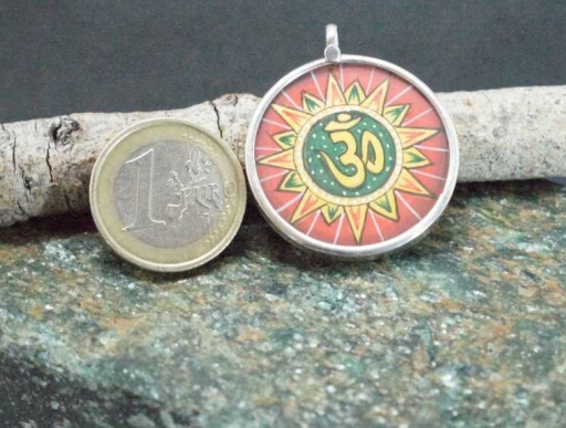Lord Shiva Spiritual Mantra "OHM" Glass Framed Sterling Silver Painting Pendant 4cm
