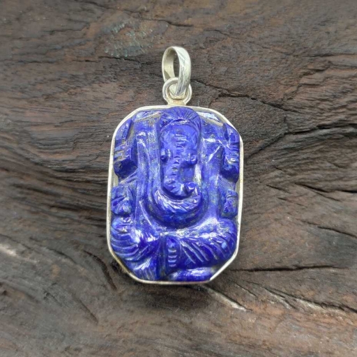925 Sterling Silver Lapis Lazuli Ganesh Carving Spiritual & Gemstone Pendant