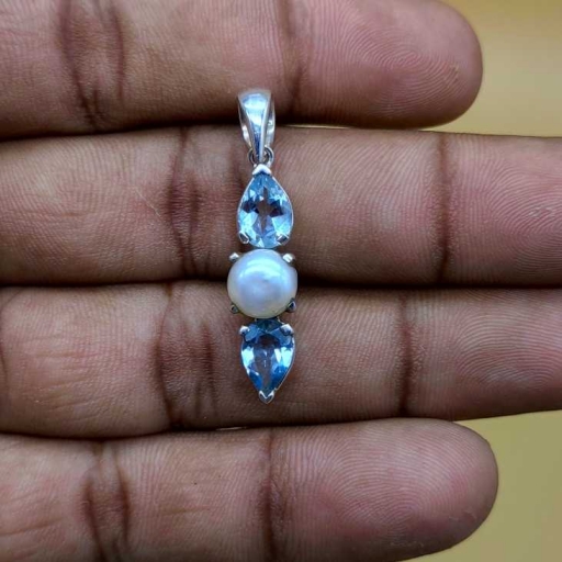Triple Stone Long Claw Prong Setted Handmade Faceted Blue Topaz And Pearl Gemstone Pendant