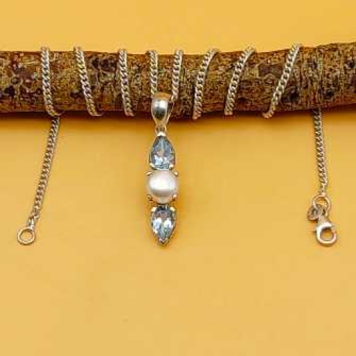 Triple Stone Long Claw Prong Setted Handmade Faceted  Pearl And Blue Topaz Gemstone Pendant