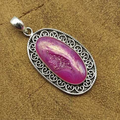 Titanium Pink Color Raw Window Druzy 925 Solid Silver Designer Pendant