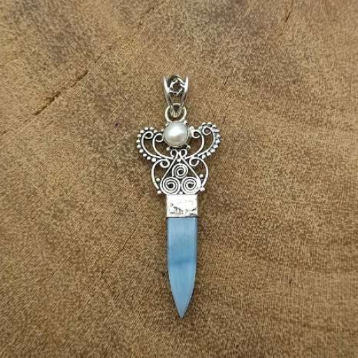 925 Sterling Silver  Blue Lace Agate Gemstone Elephant Teeth Designer Pendant