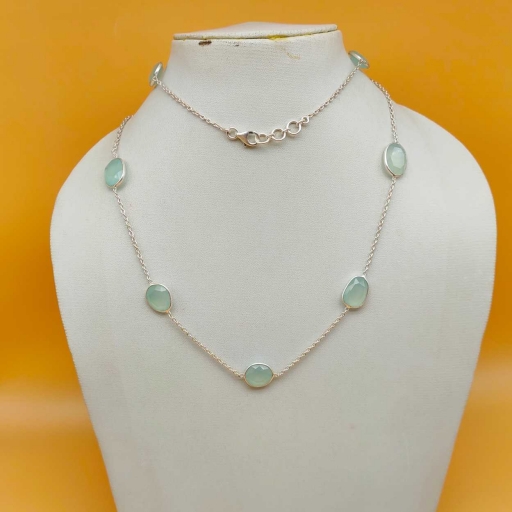 Faceted Aqua Chalcedony Gemstone Handmade 925 Sterling Silver Bohemian Long Necklace