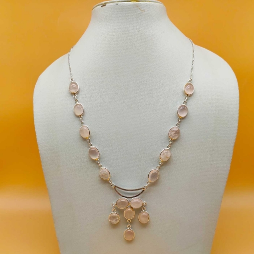 925 Sterling Silver Bezel Design Rose Quartz Gemstone Gift Item Necklace