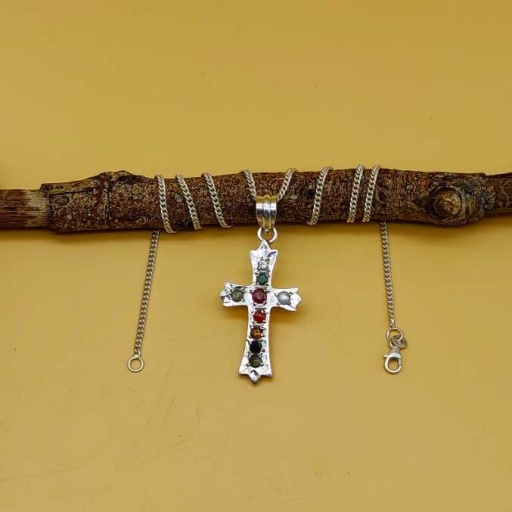 Christian Cross 9 Planets Gemstone Handmade Bohemian 925 Sterling Silver Pendant