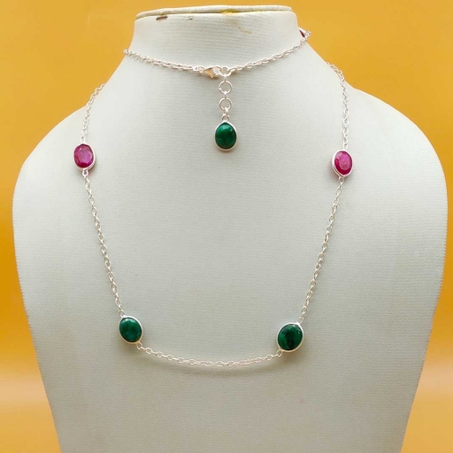 925 Sterling Silver Faceted Dyed Ruby And Emerald Gemstone Designer Chain Necklace