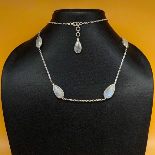925 Sterling Silver Drop Shape Faceted Rainbow Moonstone Designer Chain Necklace