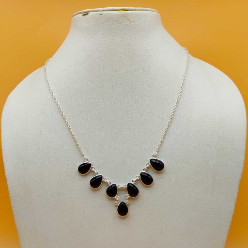 Teardrop Shape Authentic Natural Black Onyx Gemstone Designer Sterling Silver Necklace