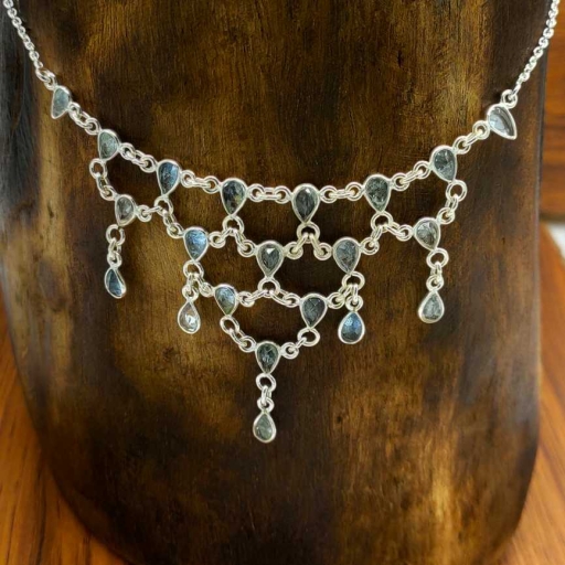 925 Sterling Silver Handmade Faceted Blue Topaz Gemstone Long Designer Bezel Necklace