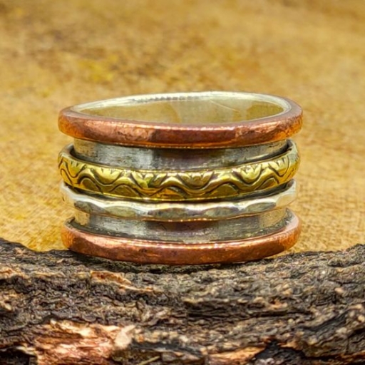 Three Tone 925 Sterling Silver Copper And Brass Band Engraved Band Ring