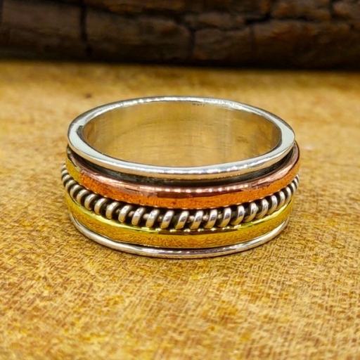 Three Tone 925 Sterling Silver Copper And Brass Band Ring