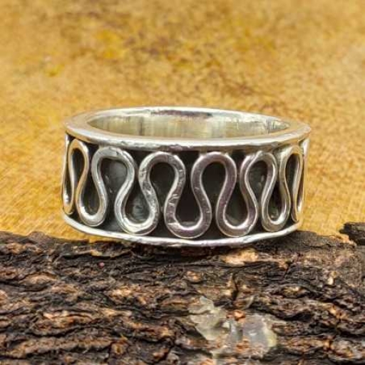 925 Sterling Silver Handmade Wave Design Oxidized Band Ring
