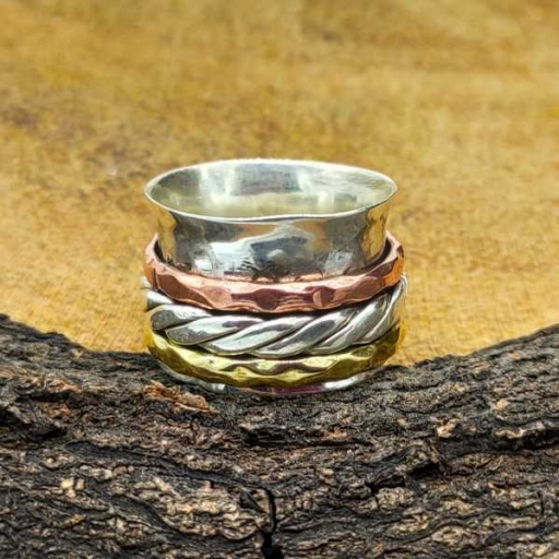 925 Sterling Silver Handmade Bohemian Three Tone Pleated Spinner Band