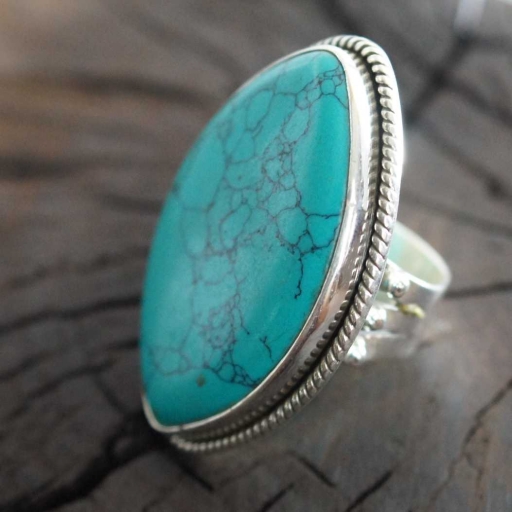 Marquise Shape Chunky Design 925 Sterling Silver Handmade Ring With Turquoise