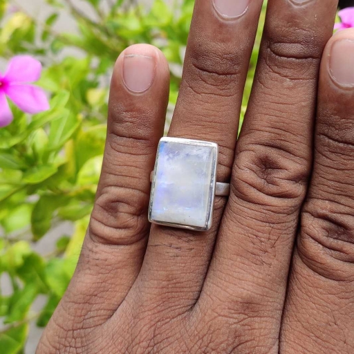 Single Band Rectangle Shape Moonstone 925 Sterling Silver Ring