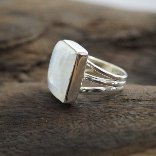 Triple Band Rectangle Shape Moonstone 925 Sterling Silver Ring