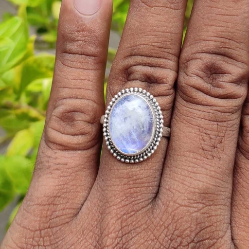 925 Sterling Silver Handmade Blue Flash Moonstone Bohemian Ring