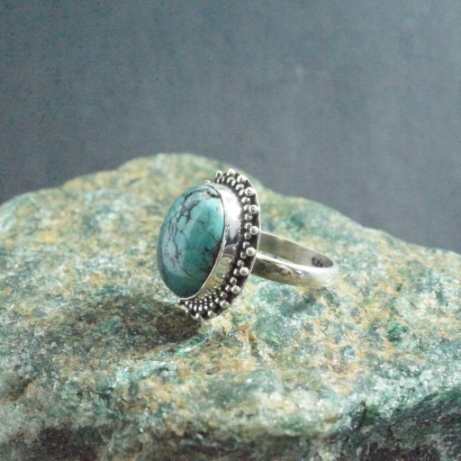 925 Sterling Silver Handmade Oval Shape Tibetian Turquoise Gemstone Bohemian Ring