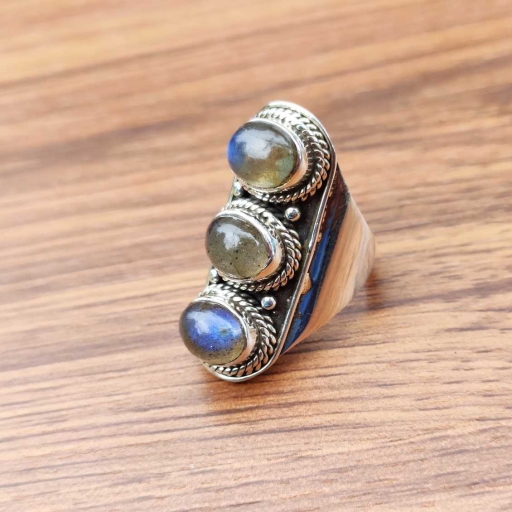 925 Sterling Silver Labradorite Gemstone Handmade Triple Stone Ring