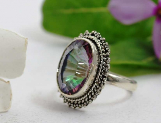 Faceted Oval Shape Mystic Topaz Gemstone 925 Silver Ring