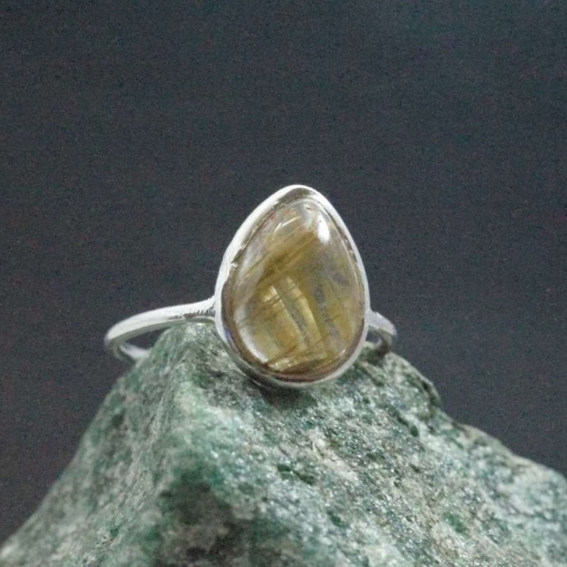 Teardrop Shape Golden Rutile Quartz Gemstone Handmade 925 Silver Ring