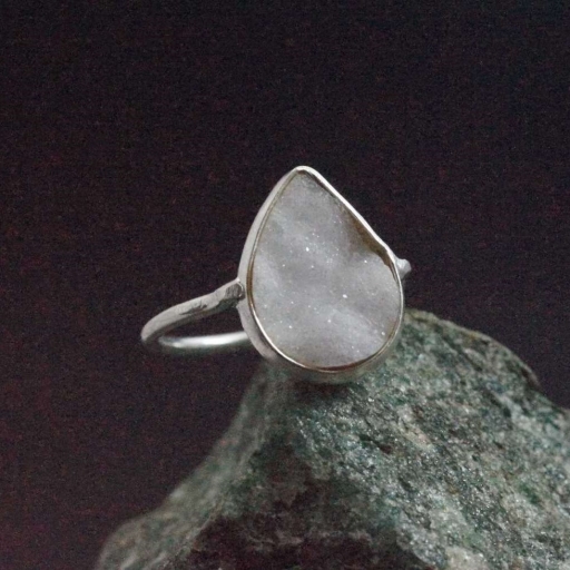 Pearl Shine Square Shape Druzy Gemstone Handmade 925 Silver Ring