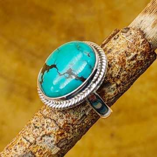 Round Shape Tibetian Firoza Gemstone 925 Sterling Silver Ring