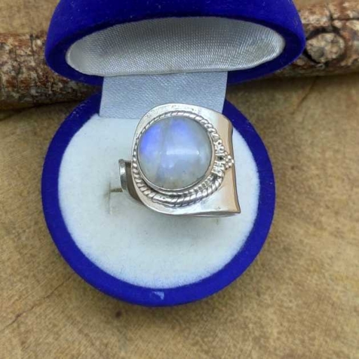 White with Blue Flash Moonstone Gemstone 925 Sterling Silver Adjustable Ring