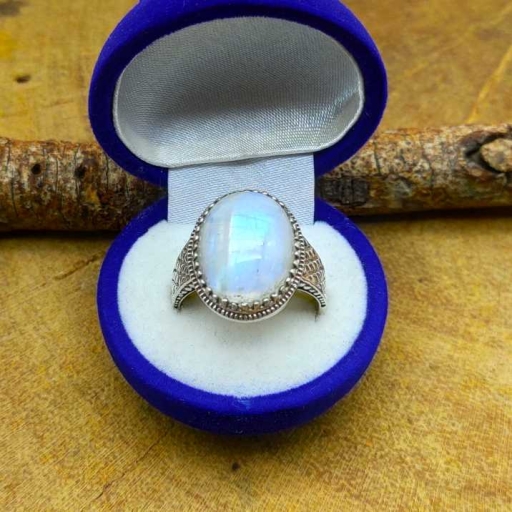 White with Rainbow Flash Moonstone Gemstone 925 Sterling Silver Ring