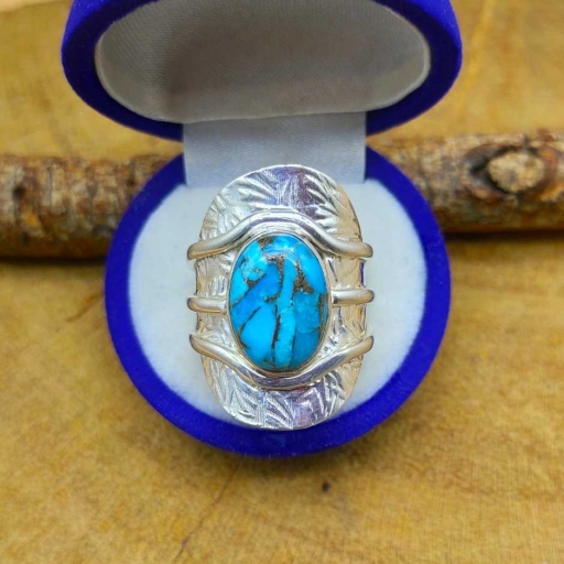 Blue Copper Turquoise Gemstone Designer 925 Sterling Silver Handmade Ring