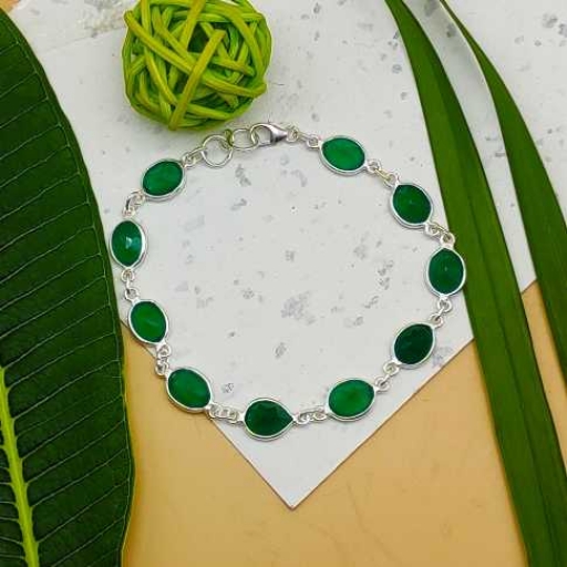 Natural Faceted Green Onyx Gemstone Designer Handmade Bracelet In 925 Silver