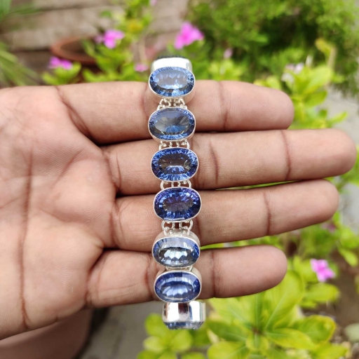 Chunky Bohemian Blue Mystic Topaz Gemstone Handmade 925 Sterling Silver Bracelet