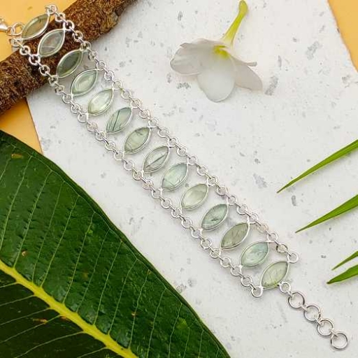 Marquise Shape Cabochon Prehnite Gemstone Handmade Bracelet With Chain Design