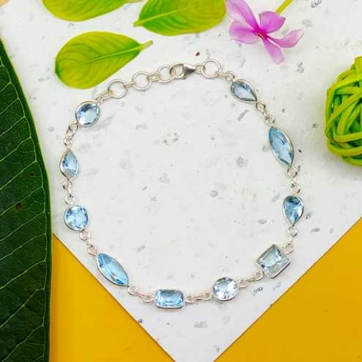 925 Sterling Silver Handmade Bezel Work Faceted Blue Topaz Gemstone Bracelet