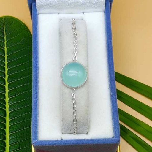 925 Sterling Silver Handmade Aqua Chalcy Gemstone Simple Chain Bracelet