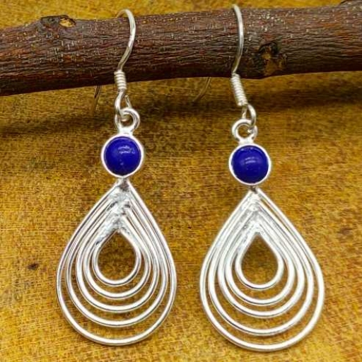 Round+Drop Shape Natural Lapis Gemstone 925 Sterling Silver Party Wear Earring