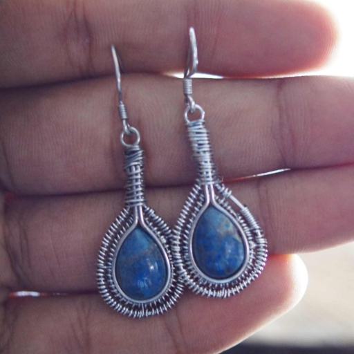 925 Sterling Silver Wire Wrapped Drop Shape Lapis Lazuli Handmade Designer Earring