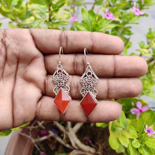 925 Sterling Silver Natural Diamond Shape Faceted Carnelian Earring