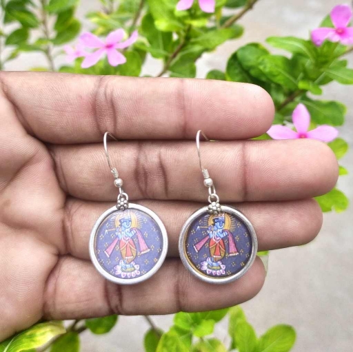 925 Sterling Silver Lord Krishna Hand painted Glass Frame Earring